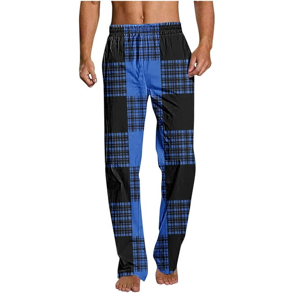 RongHuan Men's Pajama Pants Fashion Plaid Print Jogger Sweatpants Lightweight Elastic Waist Sleep Pant Color Block Nightwear with Pocket