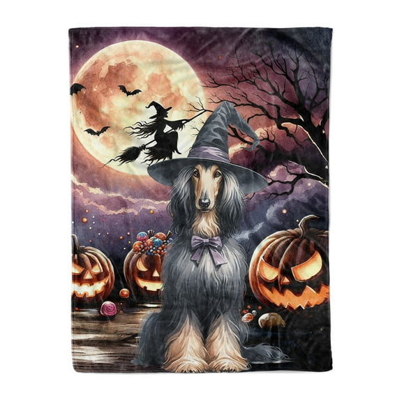 Spooky Halloween Night Witch Afghan Hound Glowing Pumpkins Cozy Fleece Blanket Dog Lover Warm Soft Throw Blanket - 12015