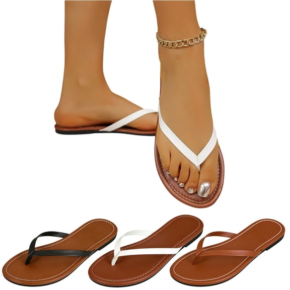 longantii Classic Thong Sandals Women Stitched Footbed Shoes Casual Summer Flip Flops Brown Black Comfortable Flat Slides White