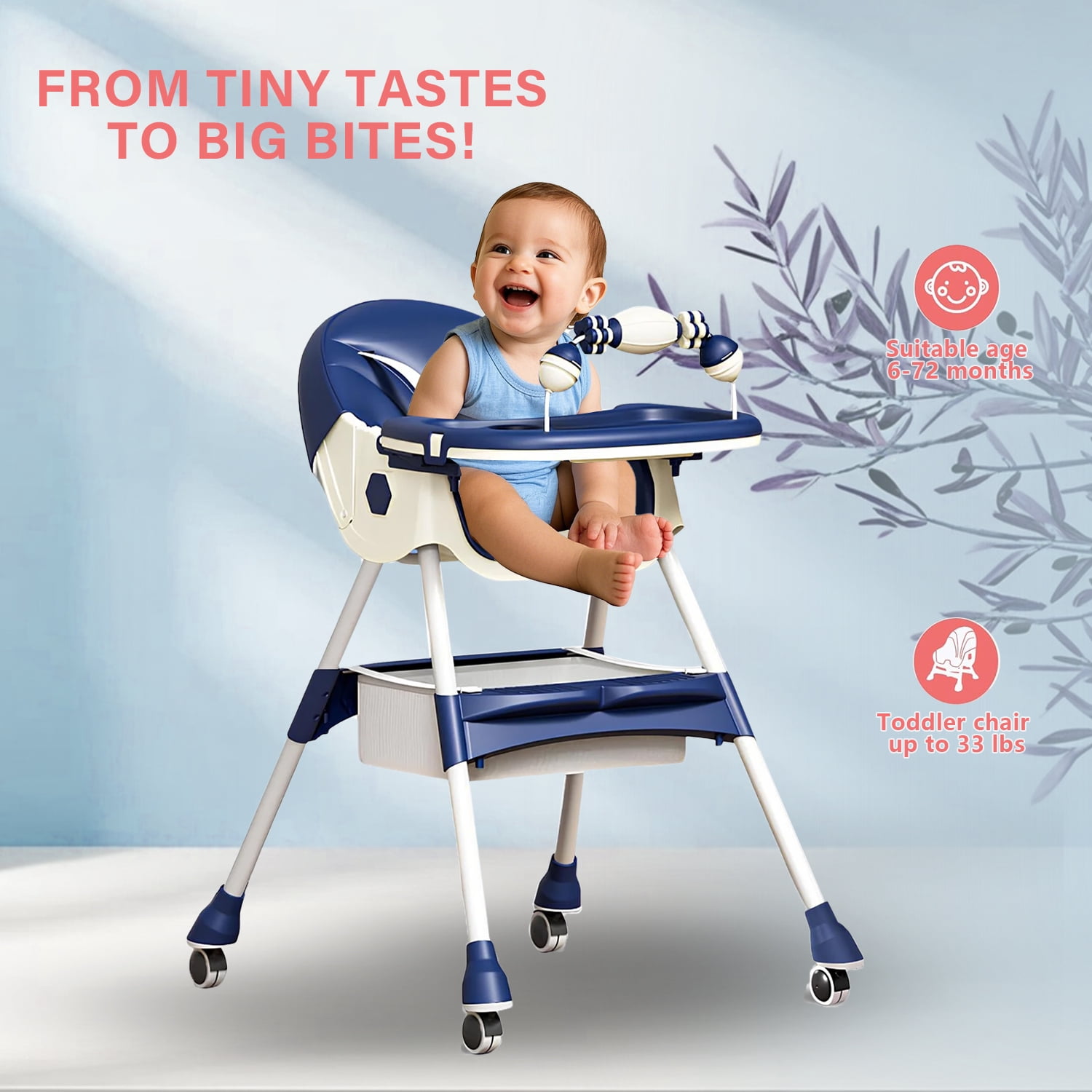 YUCHANG Foldable  4-in-1 Baby High Chair with Wheels for Infants & Toddlers (0-4 Years) Height Adjustable ,with 5-point Safety Belt(Blue)