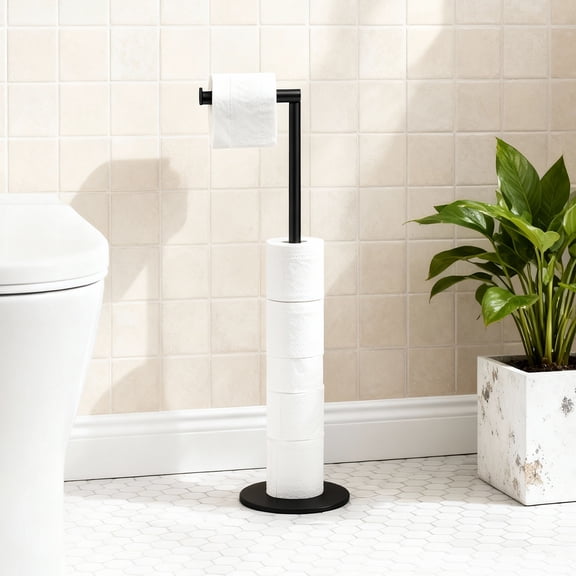 Toilet Paper Holder Stand, Free Standing Toilet Paper Roll Holder for 5 Spare Rolls, Modern Bathroom Toilet Paper Stand, Black