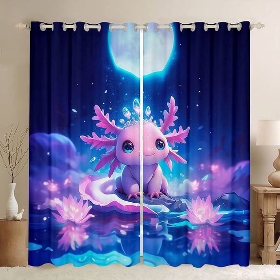 jejeloiu Cute Cartoon Axolotl Black Out Curtains,Pink Lotus Flowers Curtains Pack of 2 (42x63 Each) For Girls Kids