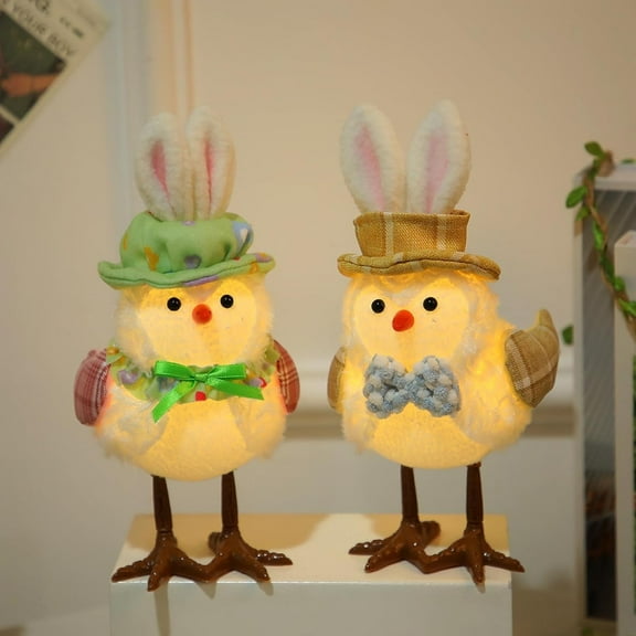 Rungungde Easter Bird Decorations Spring Easter Bird Figurines Light up Bird Decor with Rabbit Ears Handmade Bunny Bird Figurines Glowing Owl Home Kitchen Table Fireplace Mantel Ornaments (Pink)