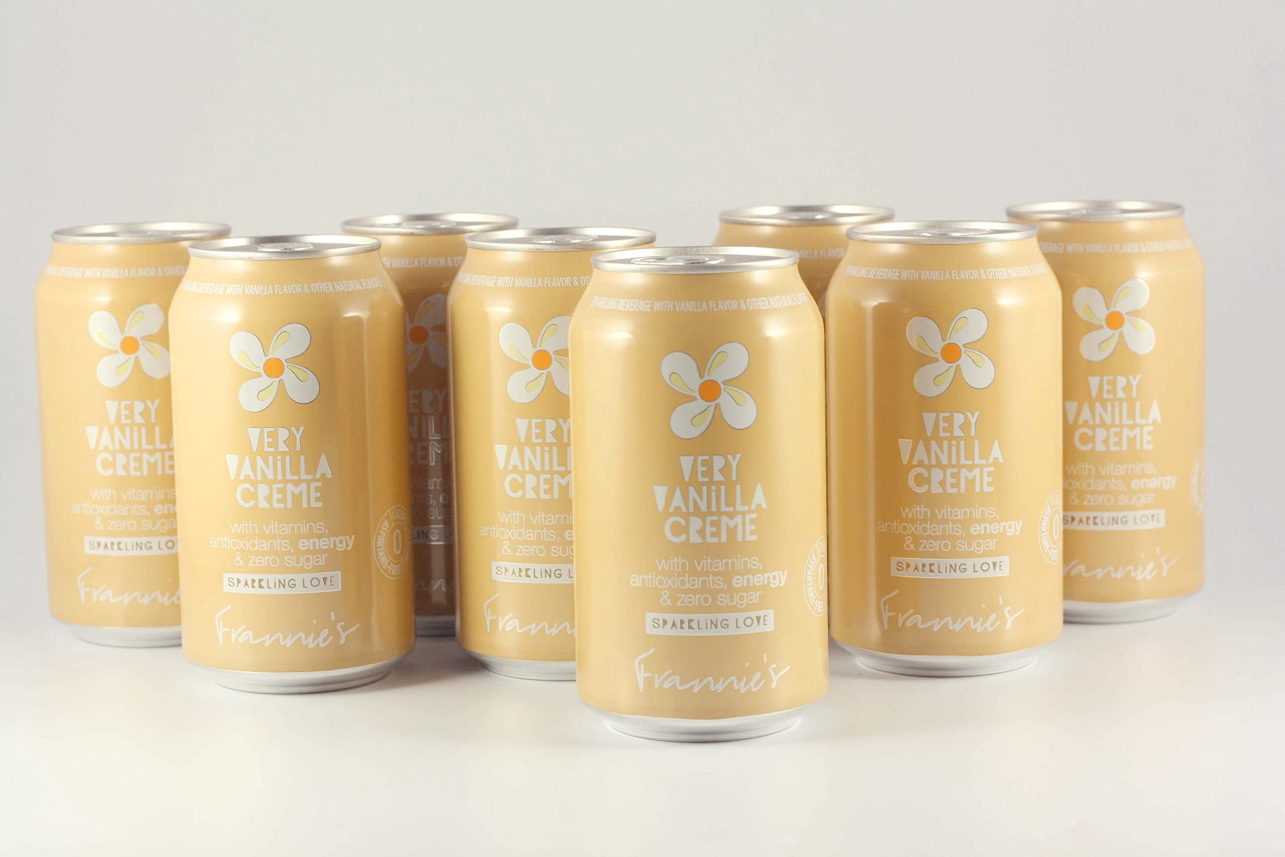 Frannies Sparkling Very Vanilla Creme, Protected With High-Density Foam, With Vitamins, Antioxidants, Energy, Zero Aspartame & No Sugar, 12 Oz. Cans Pack of 8 Cans