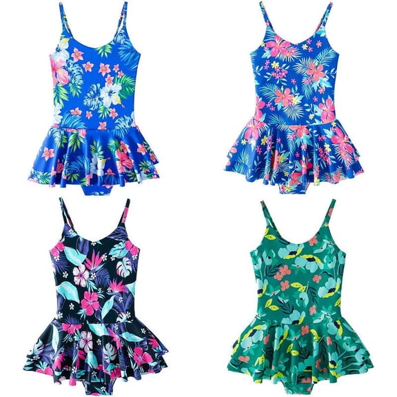 Girls Swimsuit One Piece Colorful Floral Skirted Bathing Suit Cute Swimwear for Kids 4-12 Years