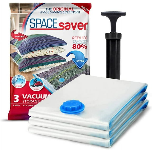 Spacesaver Premium Vacuum Storage Bags -80% More Storage! Hand-Pump for Travel! Double-Zip Seal and Triple Seal Valve! Vacuum Sealer Bags for Comforters, Blankets, Bedding, Clothing! (Jumbo, 3 pack)