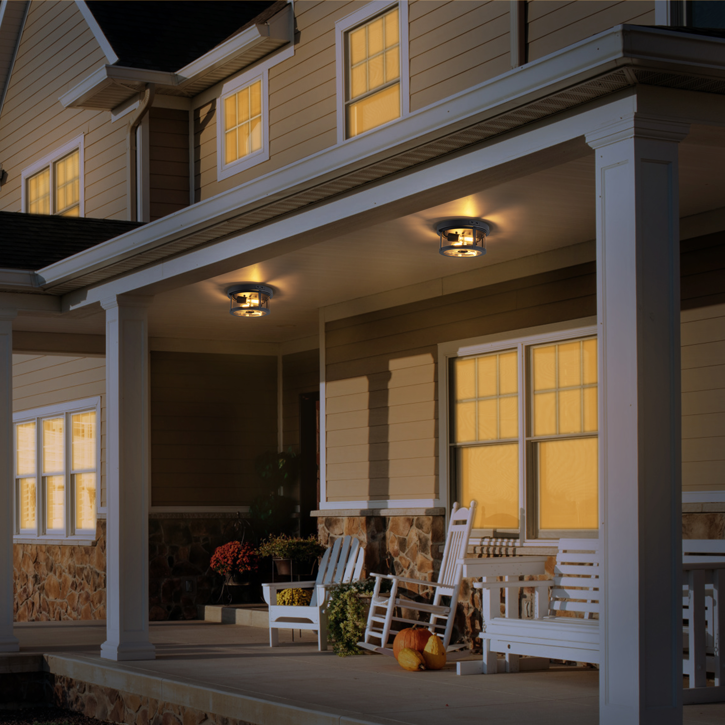 C Cattleya 2-Light Black Motion Sensor Dusk to Dawn Outdoor Flush Mount Ceiling Light with Clear Glass Shade