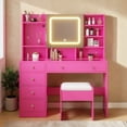 thumbnail image 2 of Hassch Vanity Desk with Light and Mirror Cabinet, Charging Station and Cushioned Stool, Makeup Table with Hooks and Glass Top, Dressing Table with Shelves and 5 Drawers for Bedroom, Pink, 2 of 6