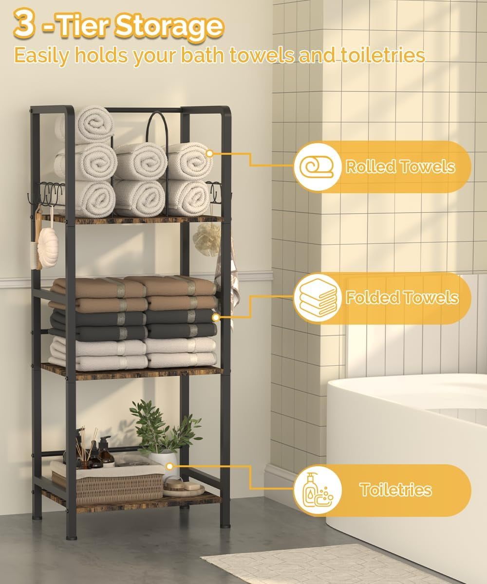 Free Standing Towel Racks for Bathroom with U-Shaped Detachable Dividers, 3-Tier Floor Towels Holder Stand with Shelf & 8 S-Hooks, Metal Pool Towel Storage Organizer for Home, Poolside, Black