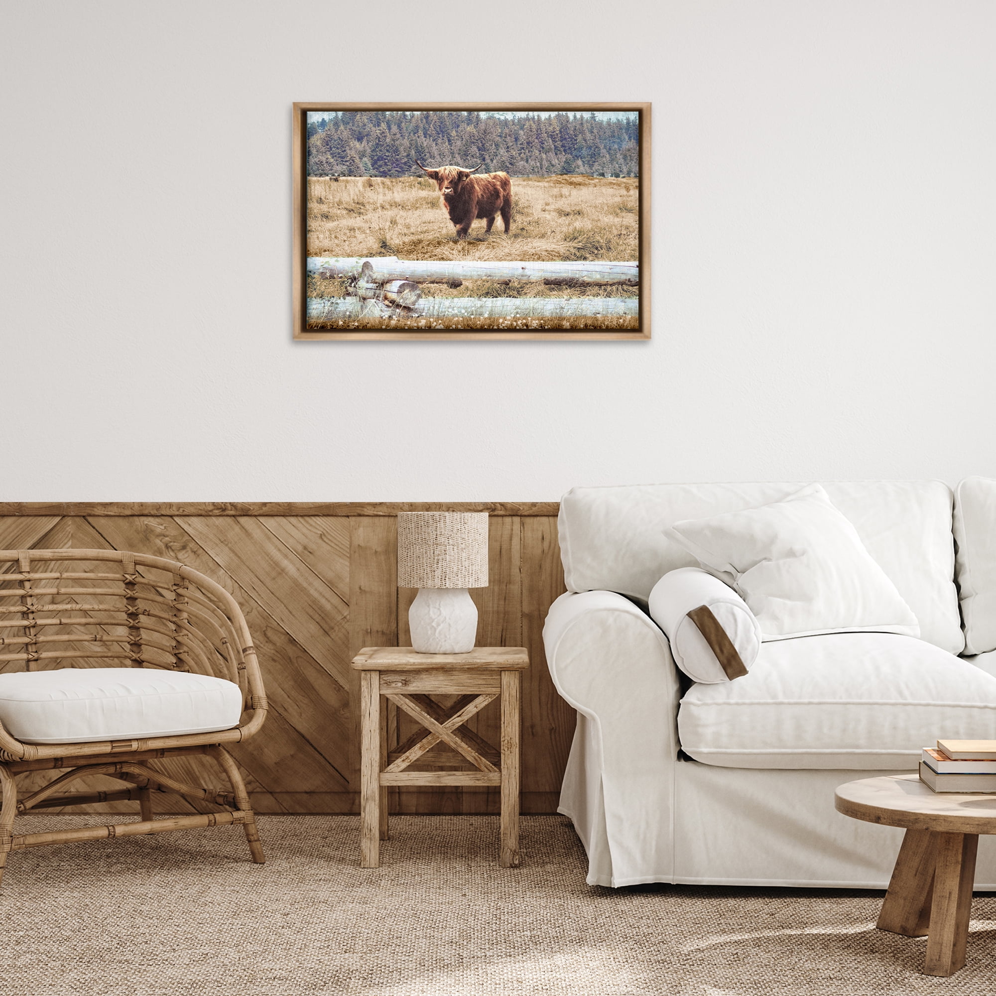 Stupell Industries Country Cattle with Fence Animals & Insects Photography Brown Floater Framed Canvas Art Print Wall Art, 31 x 21