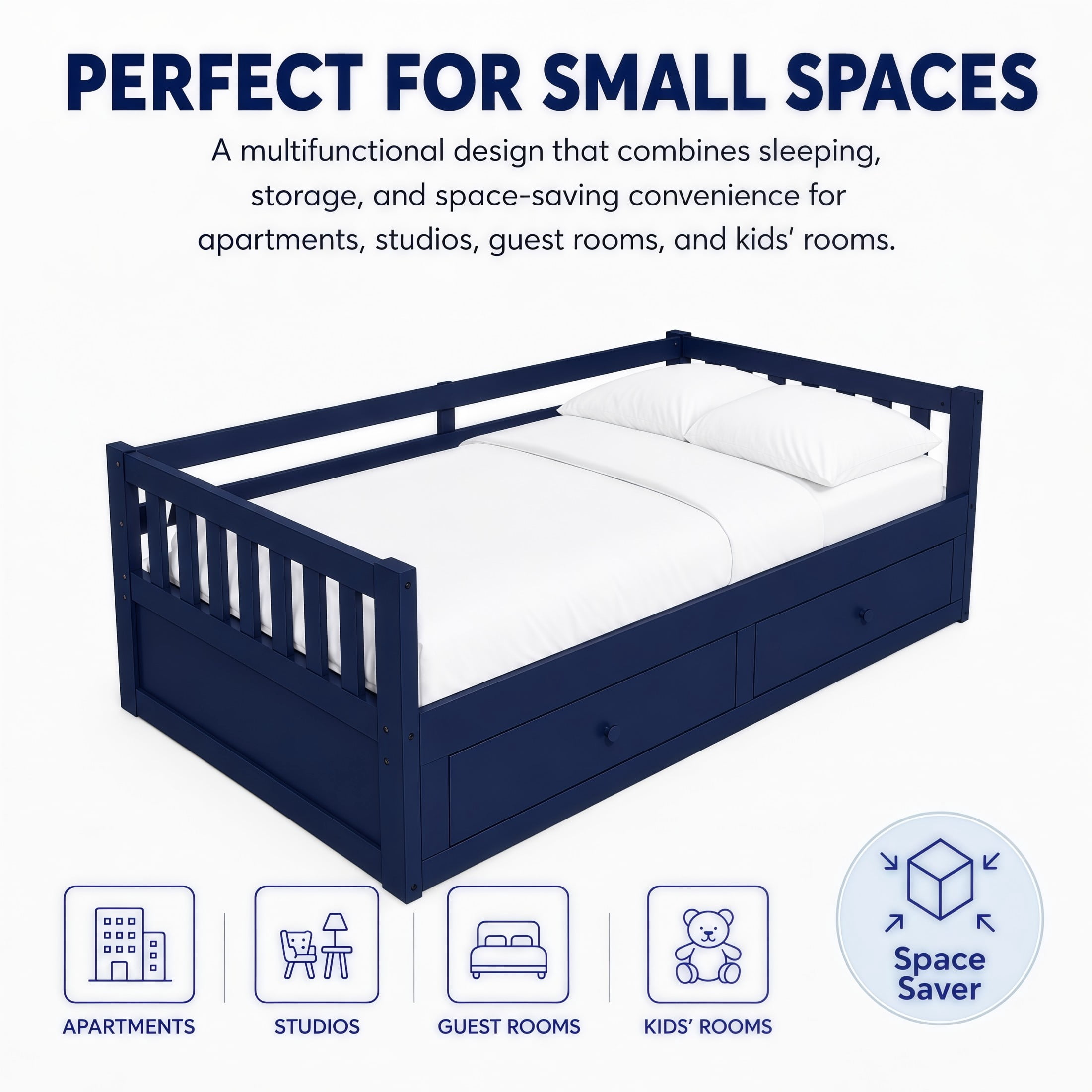 Noble House Twin to King Extendable Daybed with Pull-Out Trundle, 2 Drawers & Guardrails, Blue