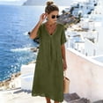 thumbnail image 3 of Lovzfmll Maxi Dress for Women, V-Neck Short Sleeve with Pocket, Casual Linen Blend Pullover Dress Army Green, S, 3 of 9
