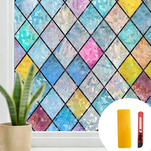 DF Stained Glass Window Film,Static Cling Window Privacy Film Decorative UV Sun Blocking Non-Adhesive Glass Window Covering for Home Bathroom, 23.62"x78.74"