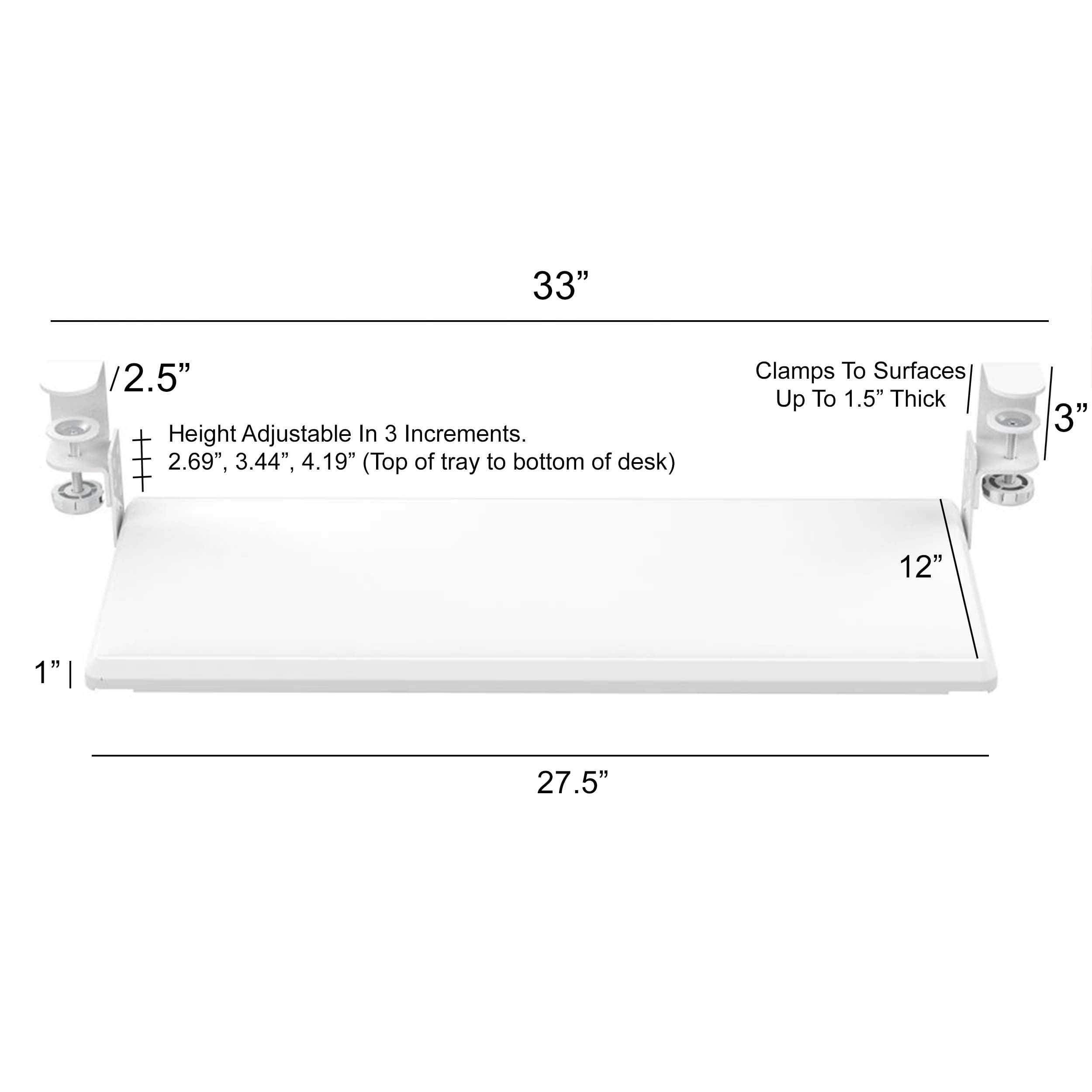 Stand Up Desk Store Large Clamp-On Retractable Adjustable Keyboard Tray | Improve Comfort while Increasing Desk Space - For Desktops Up To 1.5" Thick (33" W x 12.25" D) (White) (Large)