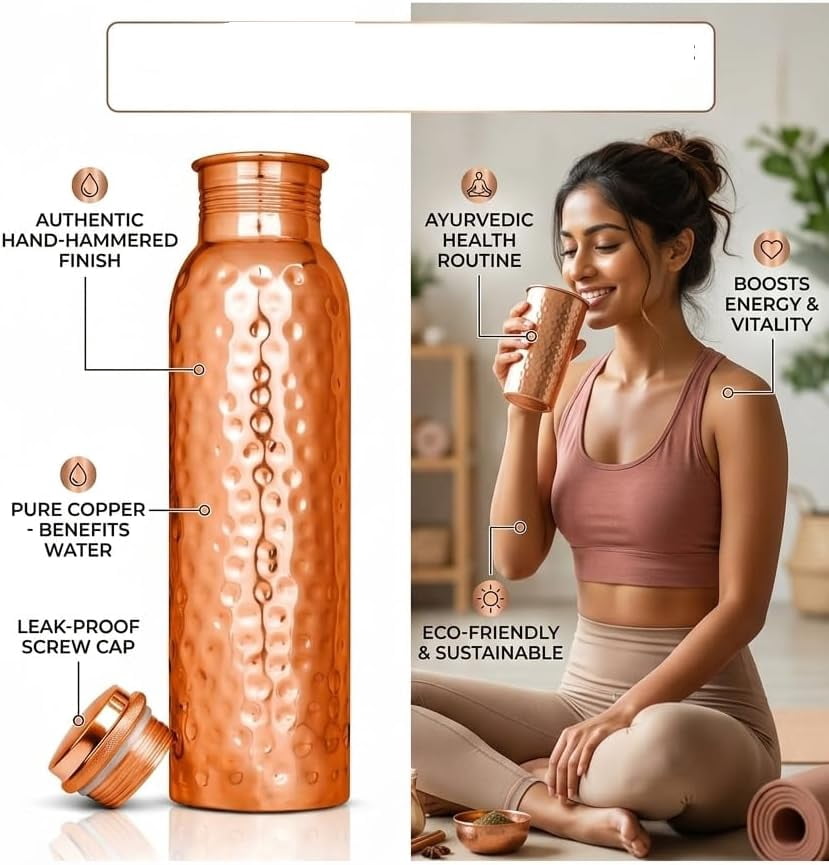 ARNCRAFT 100% Pure Copper Bottle (34oz) Handcrafted hammered finish Water Bottle leak proof and lab tested Perfect for gym travel office gifting (1005ml)