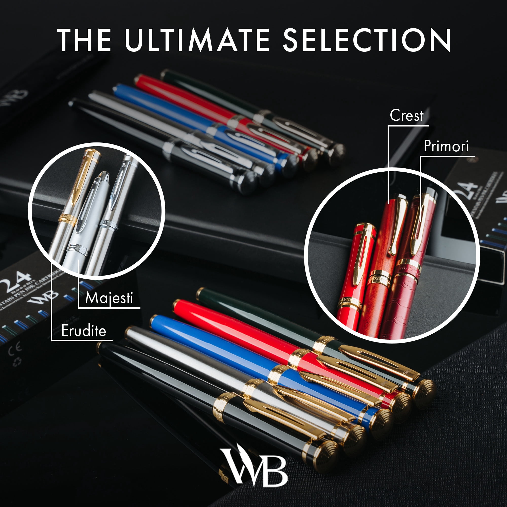 Wordsworth & Black Fountain Pen Set, Medium Nib, Includes 24 Pack Ink Cartridges, Ink Refill Converter & Gift Pouch, Chrome Finish, Calligraphy, [Black Chrome], Perfect for Men & Women