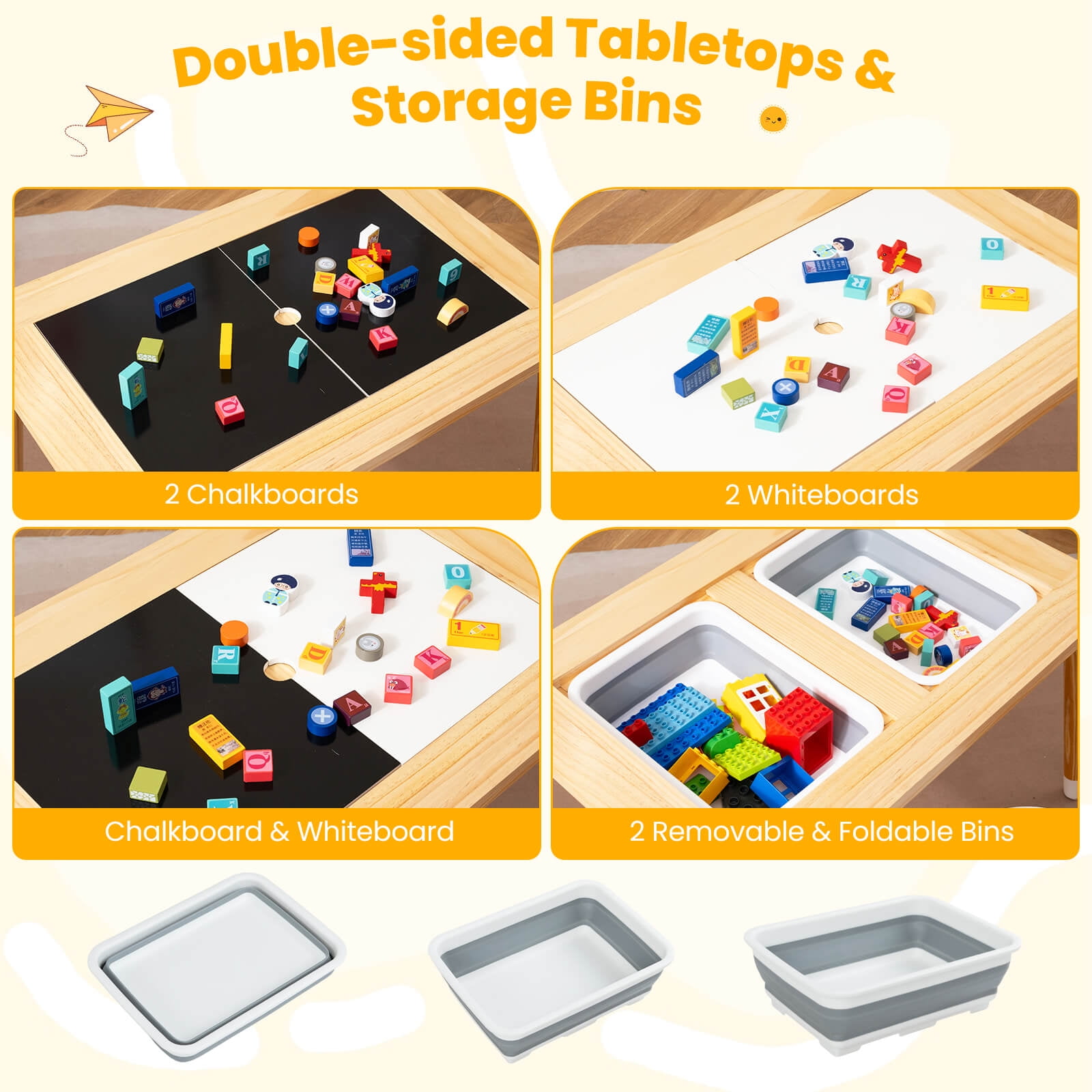 Costway Sensory Table with 2 Stools, Detachable Double-Sided Tabletops & 2 Storage Bins