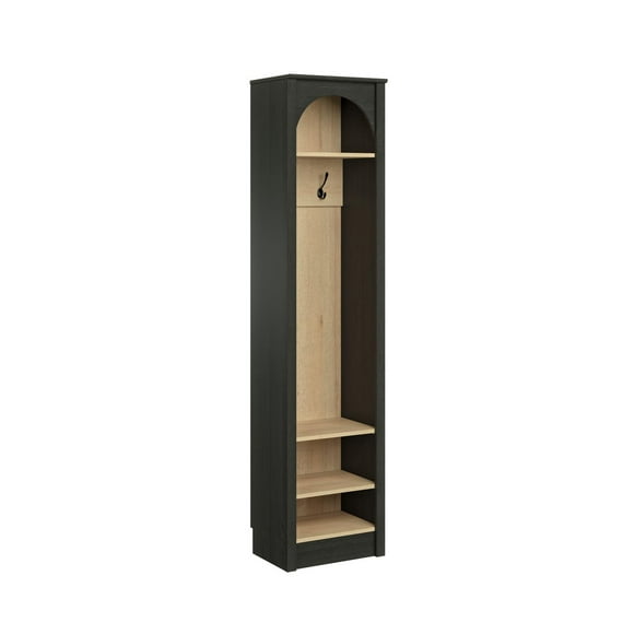 Ark 76" Tall Arched Entryway Coat Rack with Natural Oak Interior, Hall Tree with 2 Adjustable Shelves, Black Oak