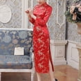 thumbnail image 3 of Quixlent Women Classic Chinese Dress Chinese Style Vintage Flower Print Stand Collar Long Sleeve Side Split Ankle Length Maxi Dress Qipao Cheongsam, 3 of 8