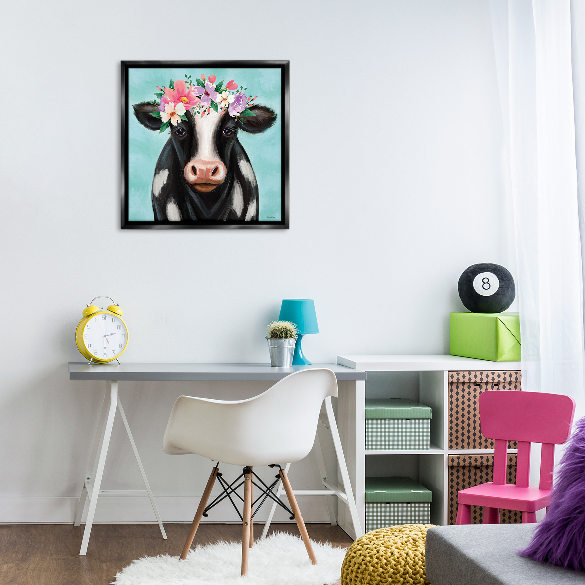 Stupell Industries Cow with Pastel Flowers Animals & Insects Painting Black Floater Framed Canvas Art Print Wall Art, 25 x 25