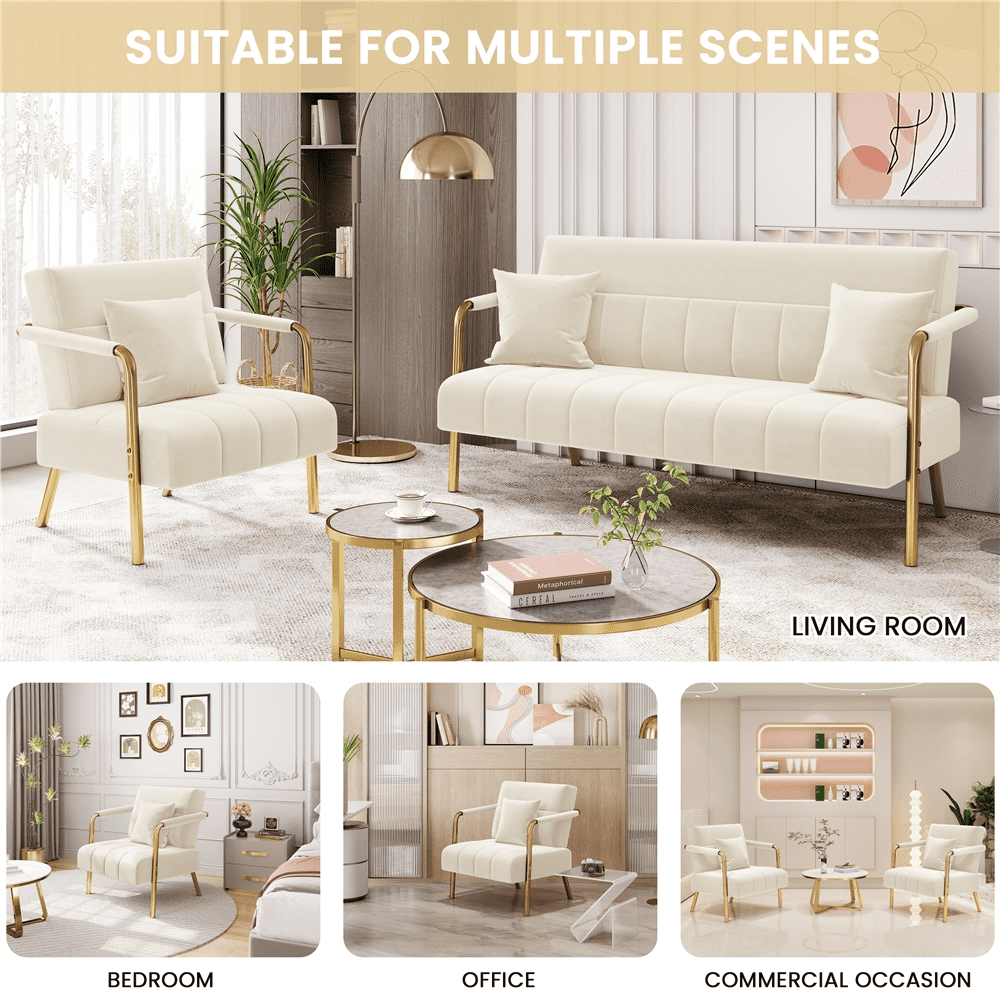 Renwick Velvet Upholstered Accent Armchair with Gold Metal Frame, Beige