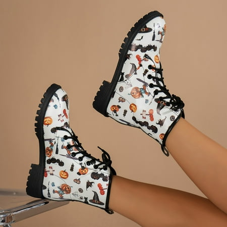 

XDDST Boots for Women Ankle-High Flat Fashion Women Square Heels Lace Up Short Booties Cartoon Prints Round Toe Shoes White