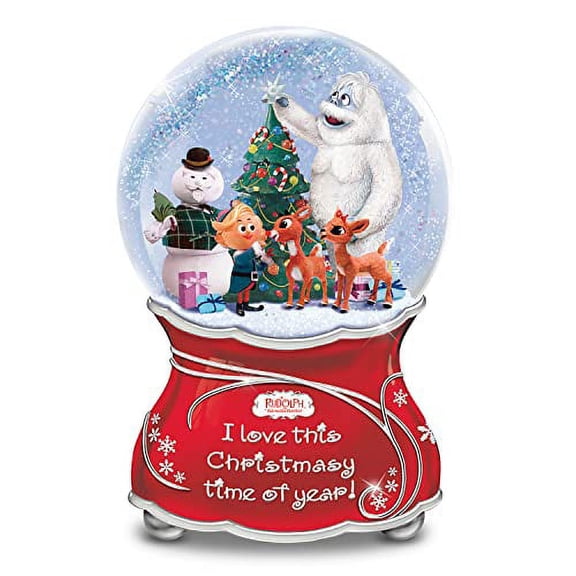 The Bradford Exchange Rudolph The Red-Nosed Reindeer Musical Glitter Globe Featuring A Joyful Sentiment & Silvery Bas-Relief Accents On The Base