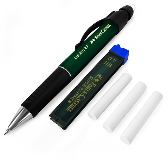 Faber-Castell Grip Plus Mechanical Pencil - 0.7mm - Green Barrel + Super-Polymer 0.7mm HB Leads + Eraser Refills