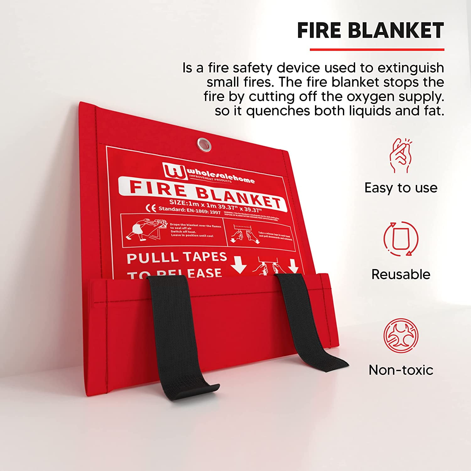 Wholesalehome Fire Extinguisher Blanket - Heavy Duty Portable Fiberglass Emergency Blanket - Puts Out Grill & Grease Flames - Safe & Reusable Survival Fire Safety for Home, Kitchen, Car, Camping 1x1m