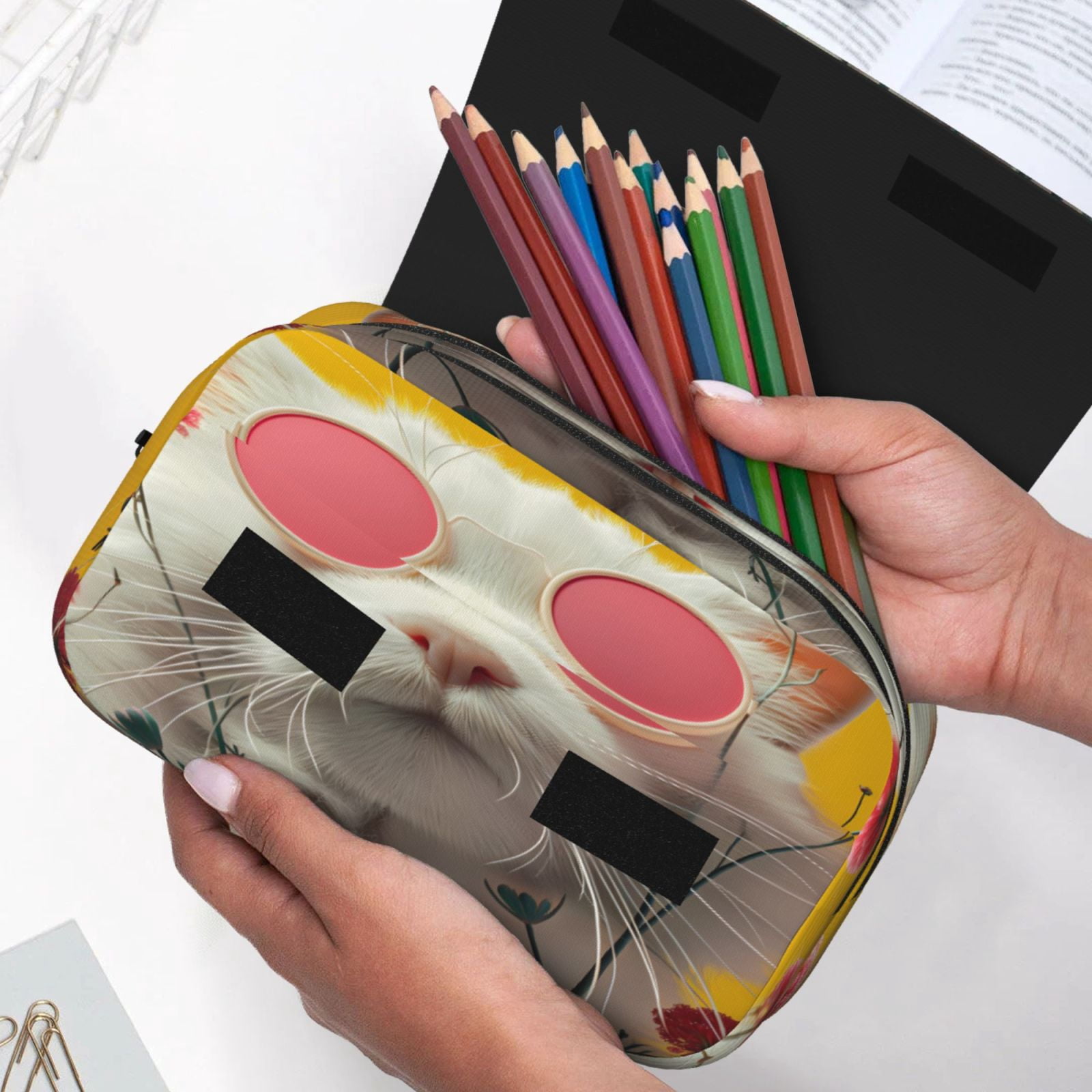 Rateoe Floral Sunglasses Cat Art Pattern Double Clamshell Pen Case, Storage Organizer with Two Zipper Compartments– Holds Up to 50 Pencils & Pens