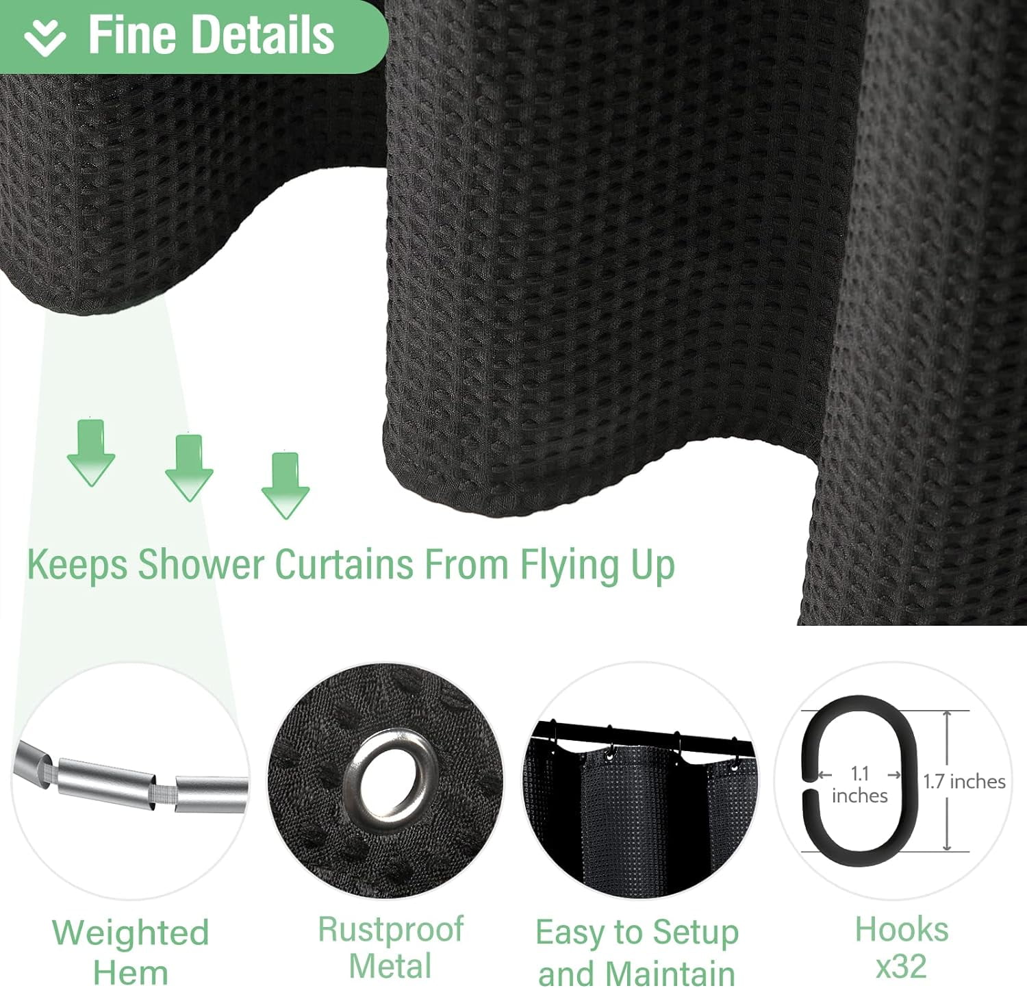 Extra Wide Shower Curtain - 180 Inch Wide Waffle Weave Weighted Thick Cloth Bathroom Shower Curtain, Neutral Heavy Duty Hotel Bath Curtain Set with 32 Plastic Hooks,180x72, Black