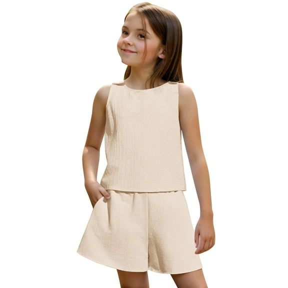 Fancifize Linen-Cotton Sleeveless Girls' Summer Set 5-13Y - Pocket Shorts & Tank Top Combo, Breathable Casual Outfit