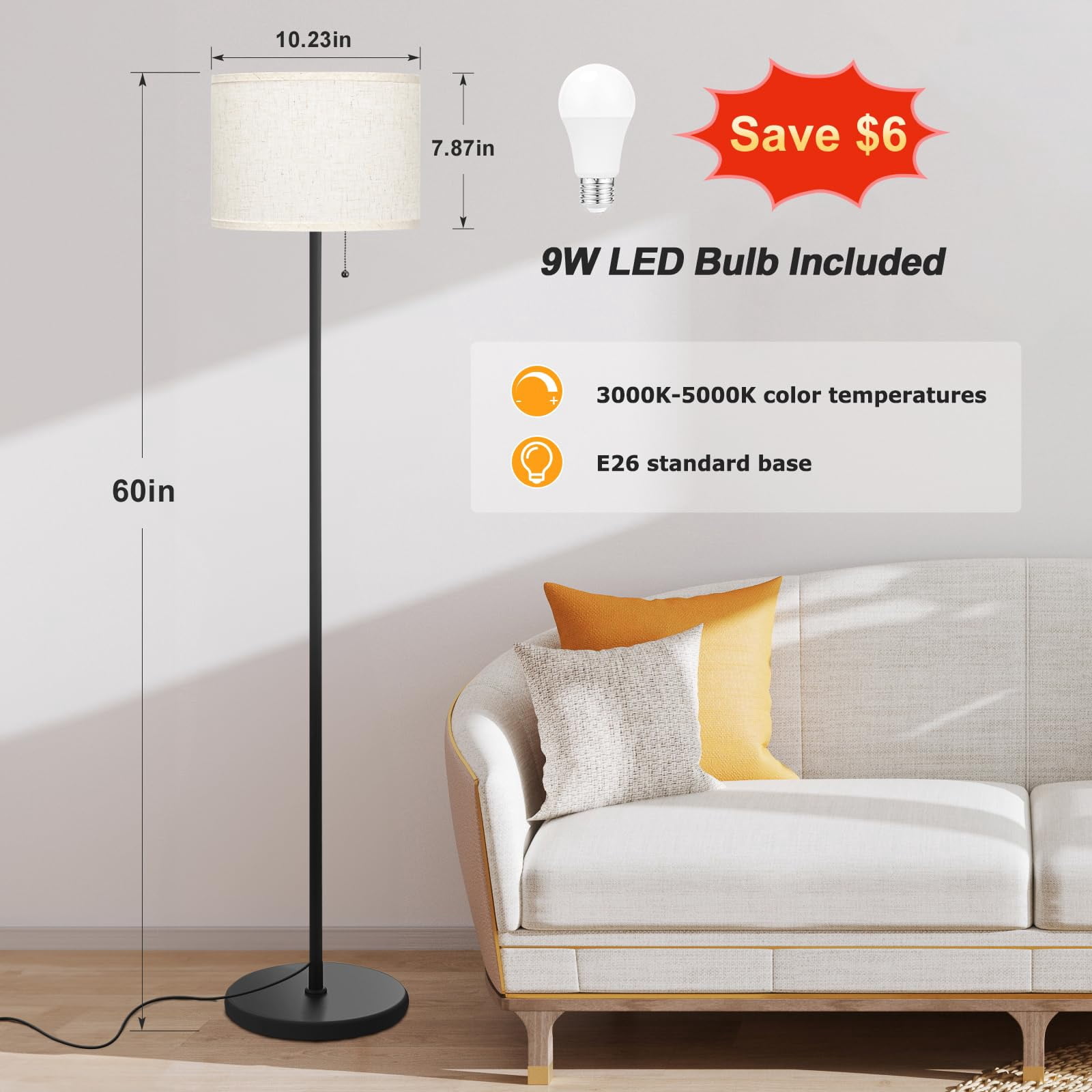 Modern Standing Floor Lamp For Living Room & Bedroom With 3 Color Temperatures Bulb Pull Chain  60" Tall Beige Shade Black Pole