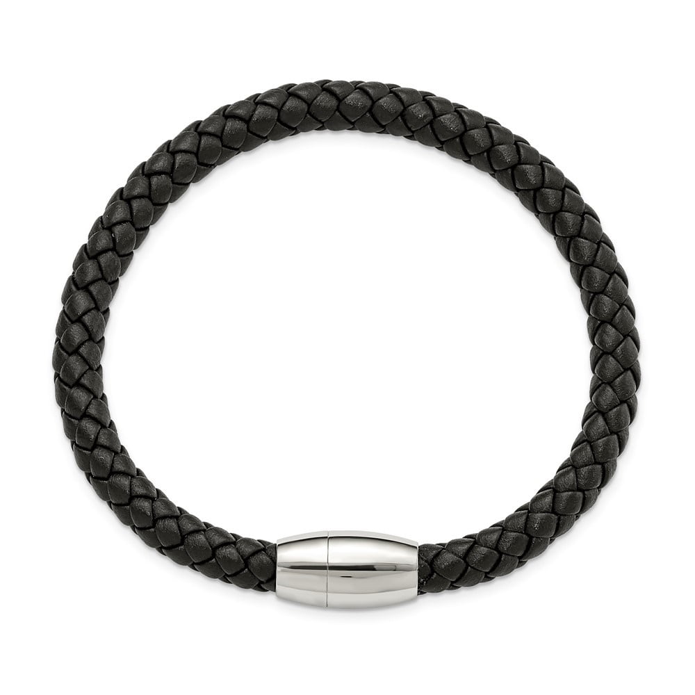 Diamond2Deal Stainless Steel Polished Black Braided Leather Bracelet for Men 8.5"