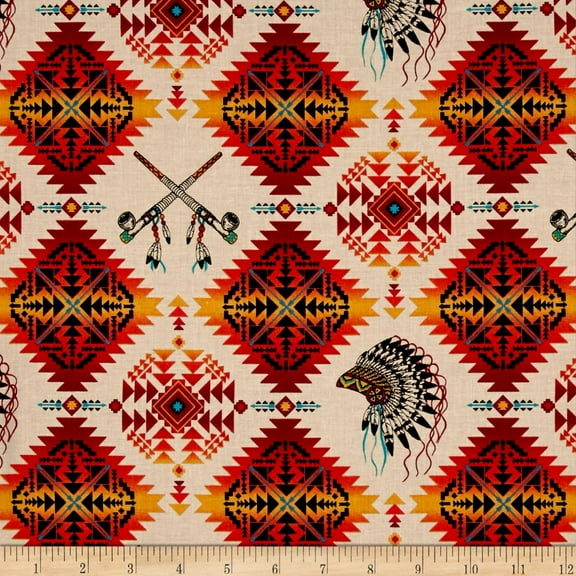 Cotton Native Spirit Headdress & Pipes Terracotta, Quilting Fabric by the Yard (531-terracotta)