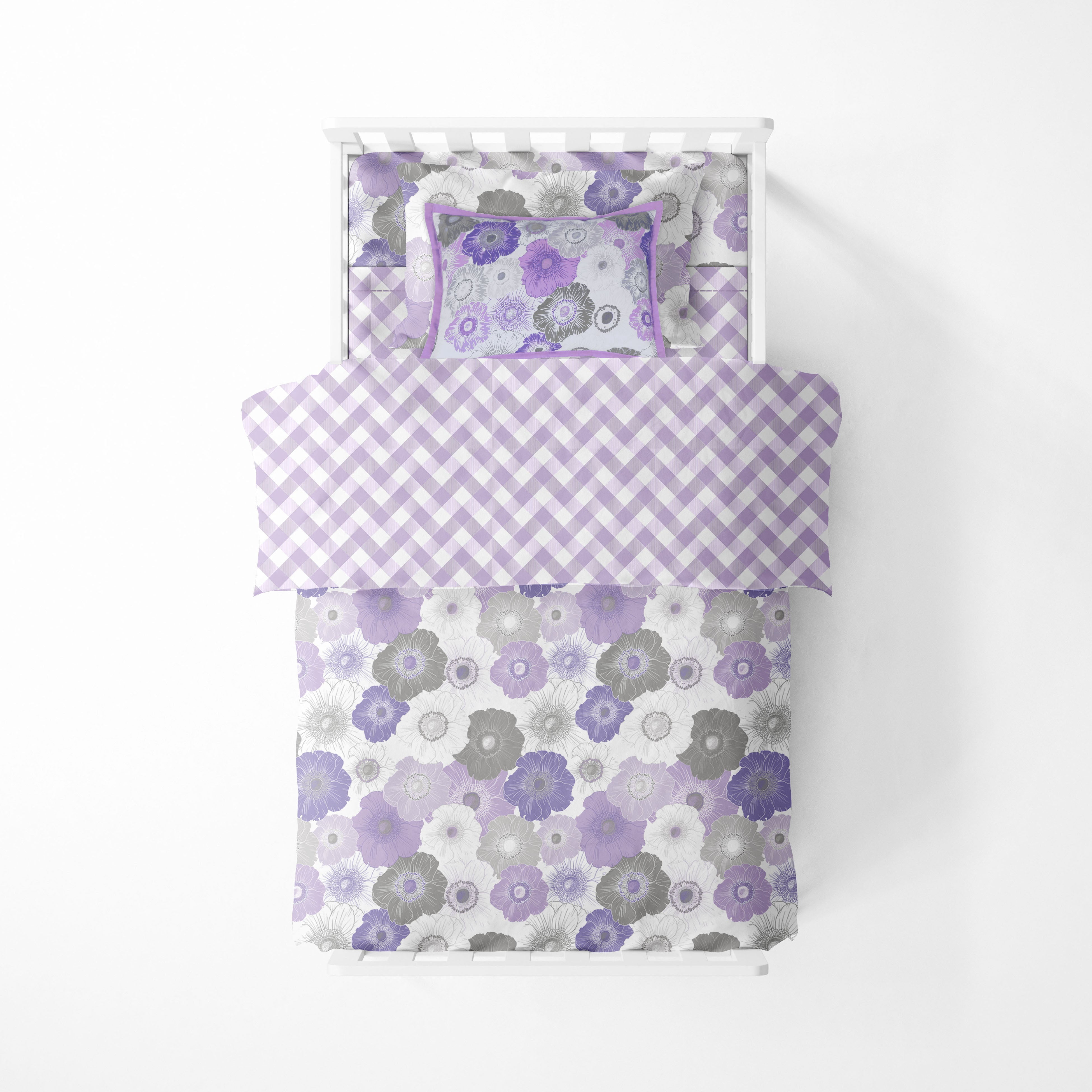 Bacati - 5 pc Toddler Bedding/Sheet Set 100% Cotton Percale, Watercolors Flowers Purple Gray
