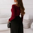 thumbnail image 5 of HAiming Women Long Sleeve off Shoulder Tops Solid Color Lace Patchwork Slim Ribbed Knit Shirts Casual Pullover Blouse, 5 of 9