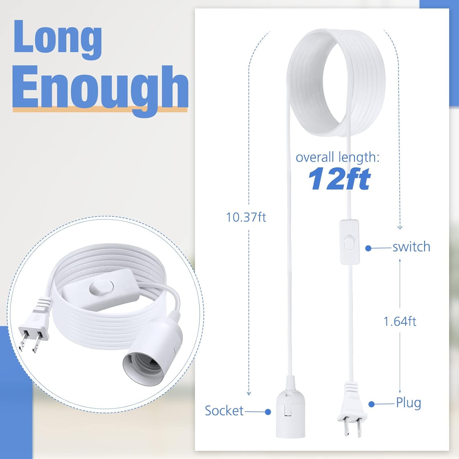 Extension Cord Kit with Pendant Lamp Socket, Bulb Base, Switch and Hooks for Hanging Lights in Kitchen, Bedroom, or Plant Growth, 12 Feet, White, 12-Piece Set