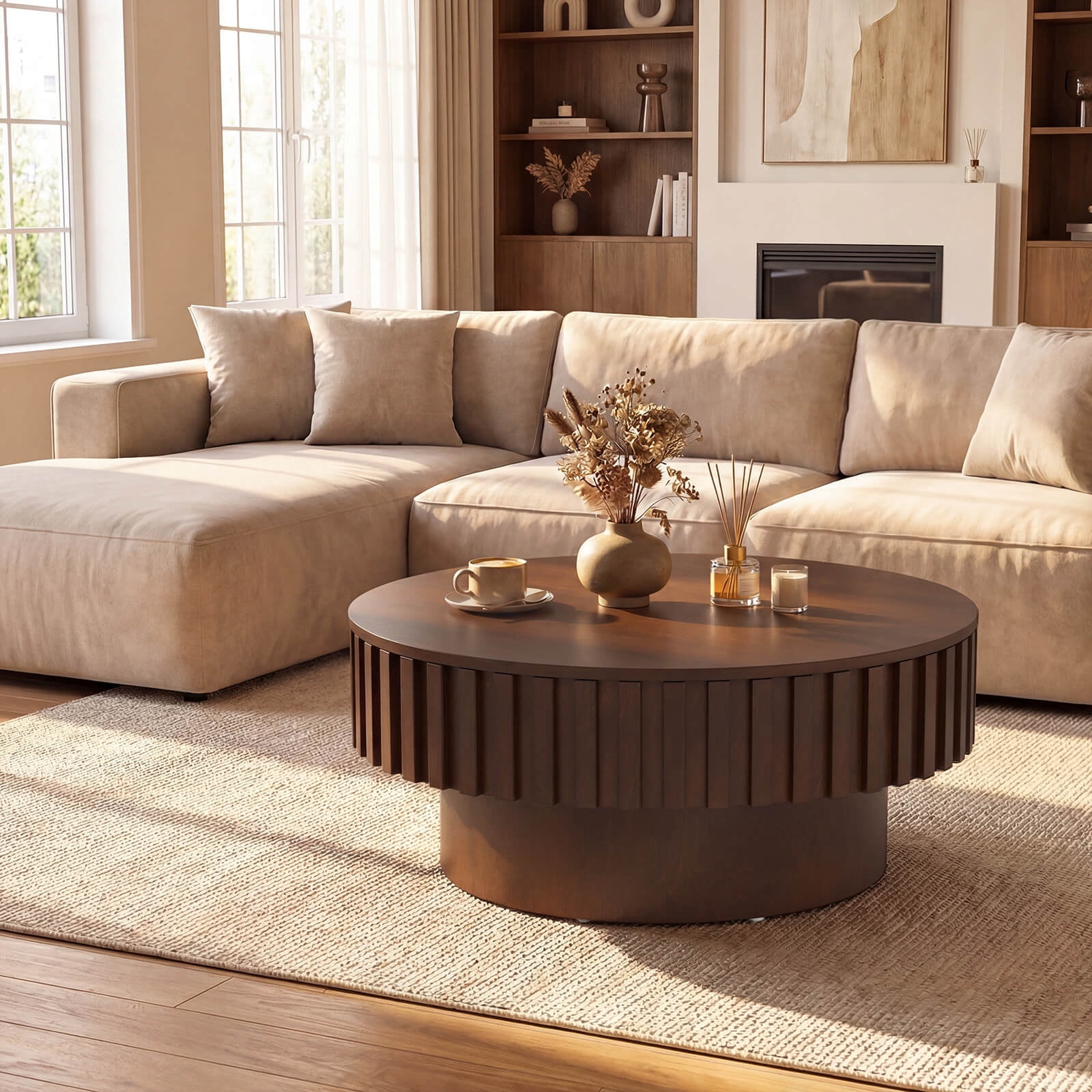 Costway Round Coffee Table with Storage, Wooden Drum Coffee Table with Hidden Compartment Walnut