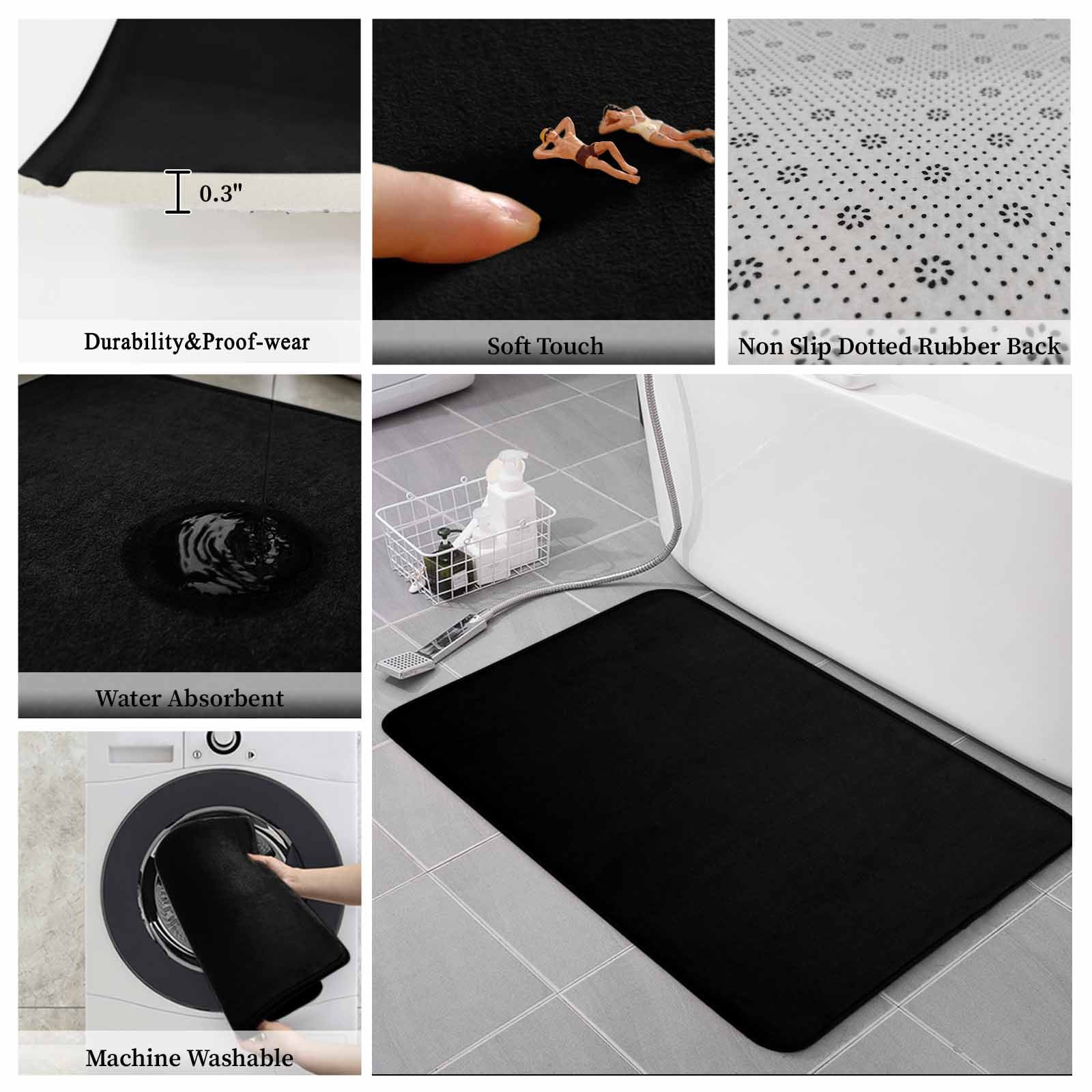 Black Bath Mat 3 Piece Bathroom Rug Set, Pure Black Non Slip Bath Rug Contour Mat and Toilet Lid Cover, Absorbent Shower Mats Soft Bath Rugs and Mats Sets