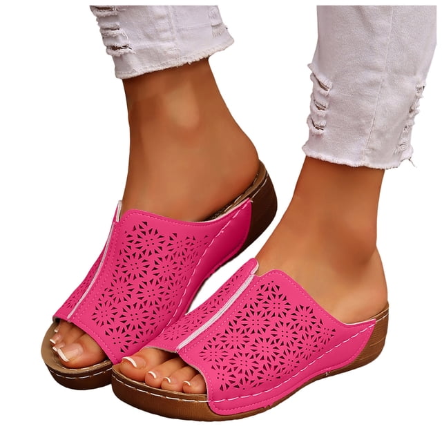 Open Toe Wedge Sandals for Women Lightweight Hollow Out Platform Mules Slip On Breathable Slide Beach Sandal Red Size 7