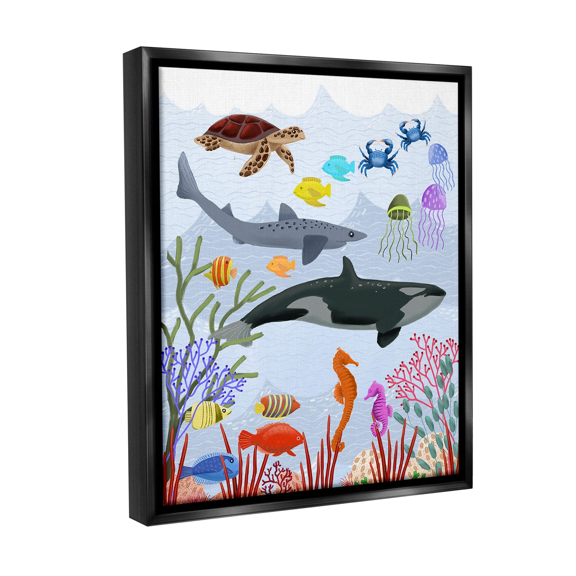 Stupell Industries Aquatic Animals Underwater Animals & Insects Painting Black Floater Framed Canvas Art Print Wall Art, 25 x 31