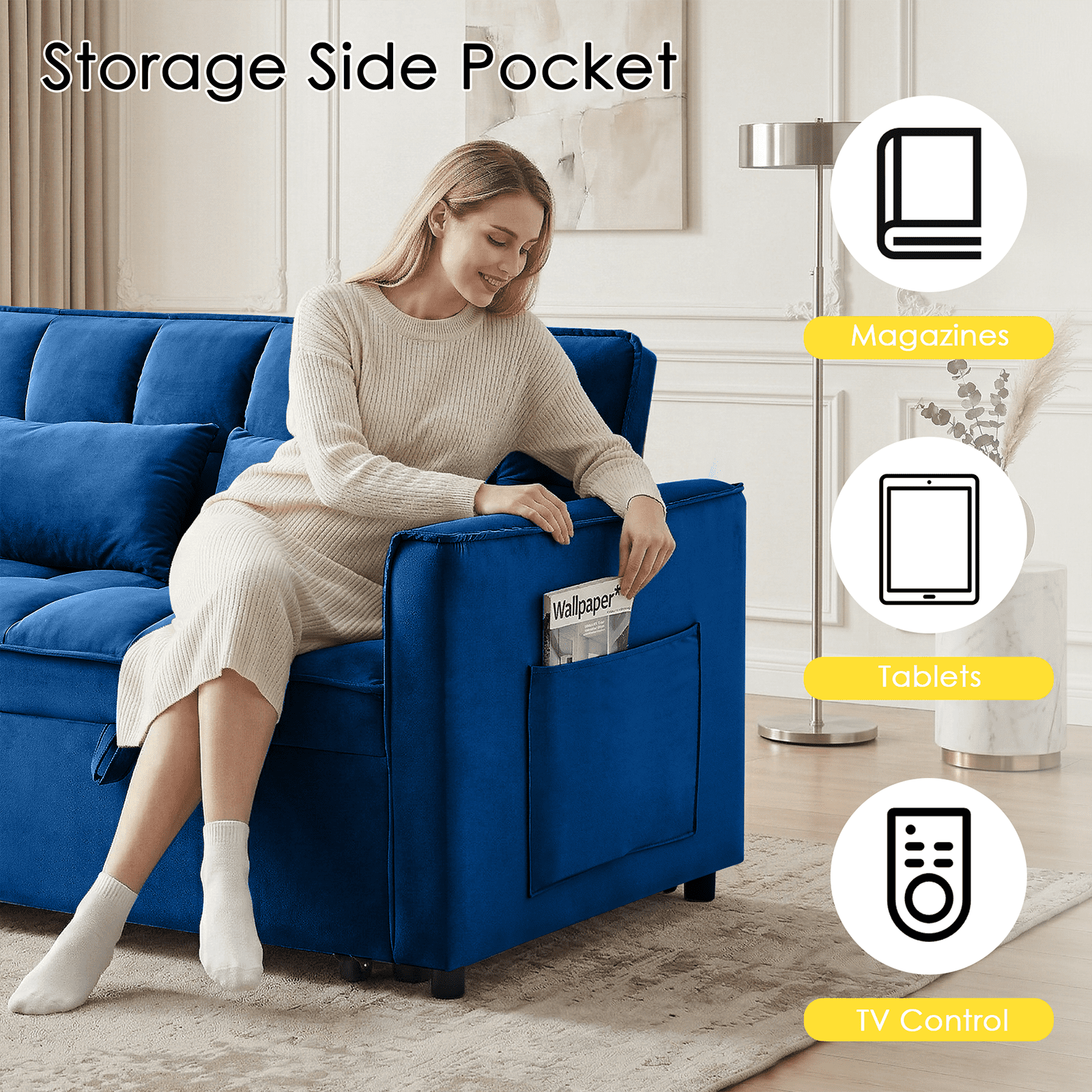 Amuille 3 in 1 Convertible Sleeper Sofa Bed, 54" Velvet Fabric Loveseat, Pull Out Couch for Living Room and Apartment (Blue)