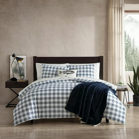 Basic Plaid 3-Piece Blue T200 Percale Cotton King Duvet Cover Set