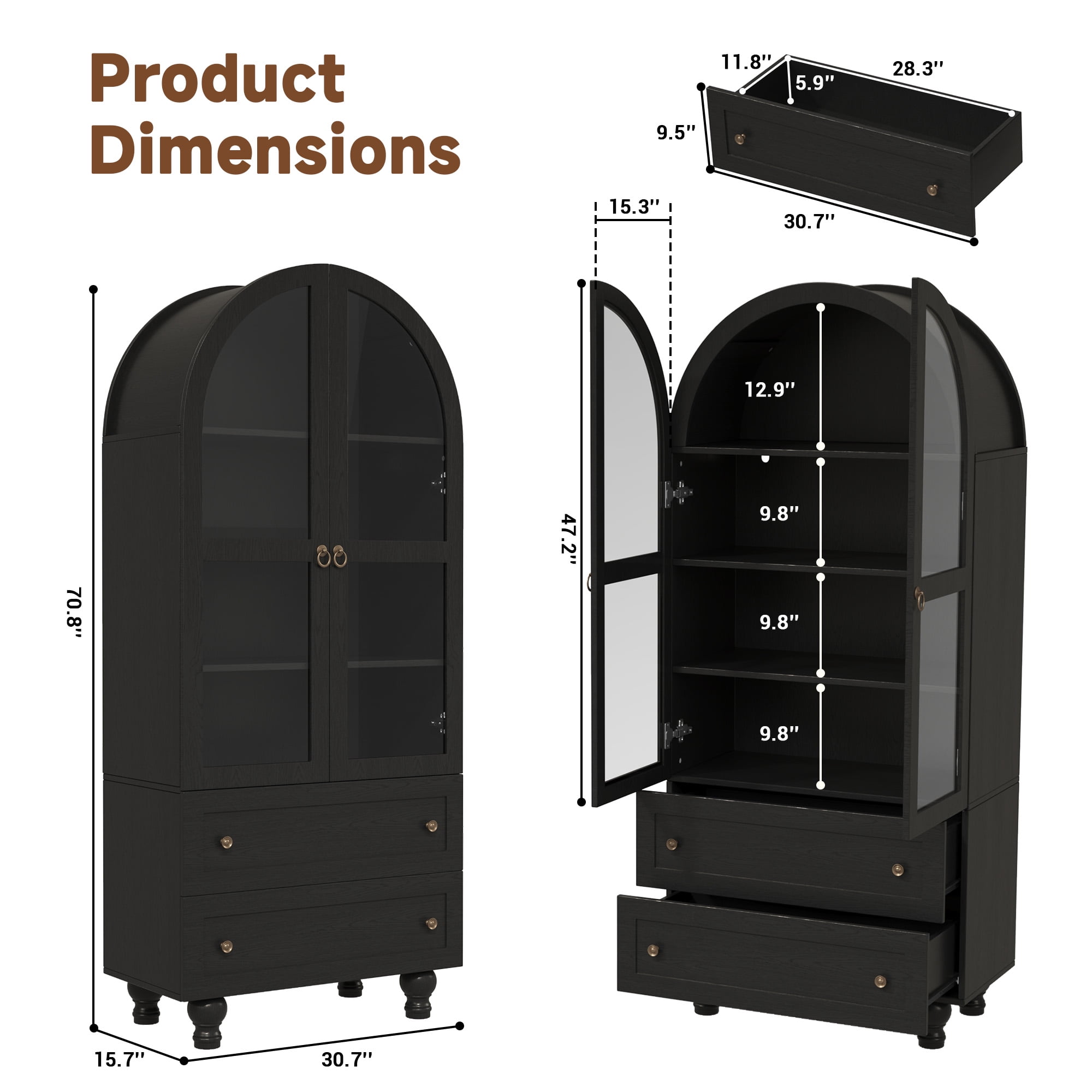 Arched Kitchen Pantry Cabinet & Display Cabinet with Glass Doors, 4 Shelves, 2 Drawers, Solid Wood Legs, 71 inches in Height, Suitable for Kitchen, Bedroom and Living Room, for Easy Storage