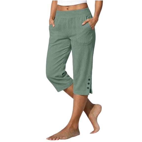 Tnhcen Women Cotton Linen Capri Pants High Waisted Straight Leg Loose Fit Side Pockets Button Cuff Summer Trousers for Women Casual Lounge Capri Pants
