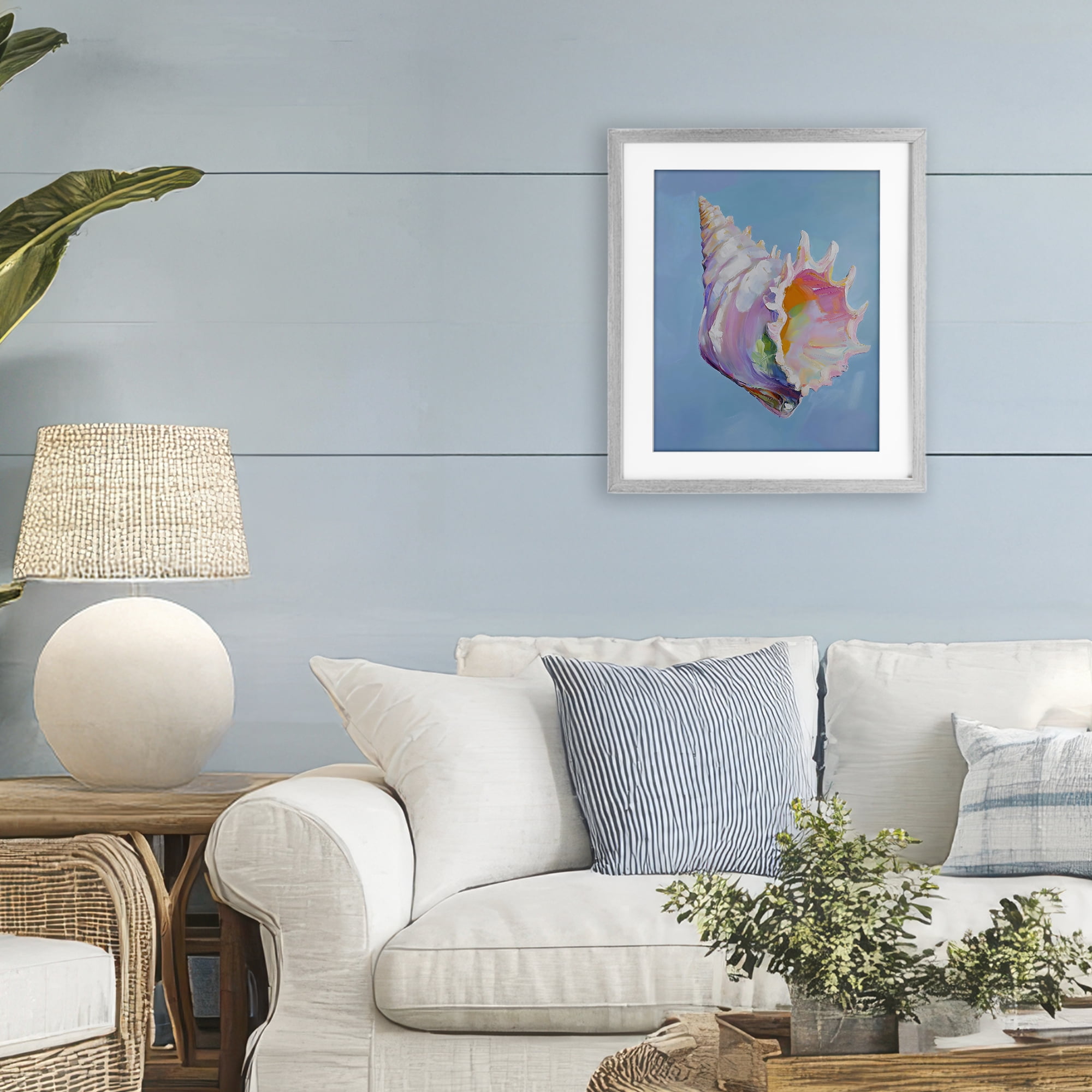 Stupell Industries Pastel Hued Conch on Blue Gray Framed Print Under Glass, design by The Prints Vibe