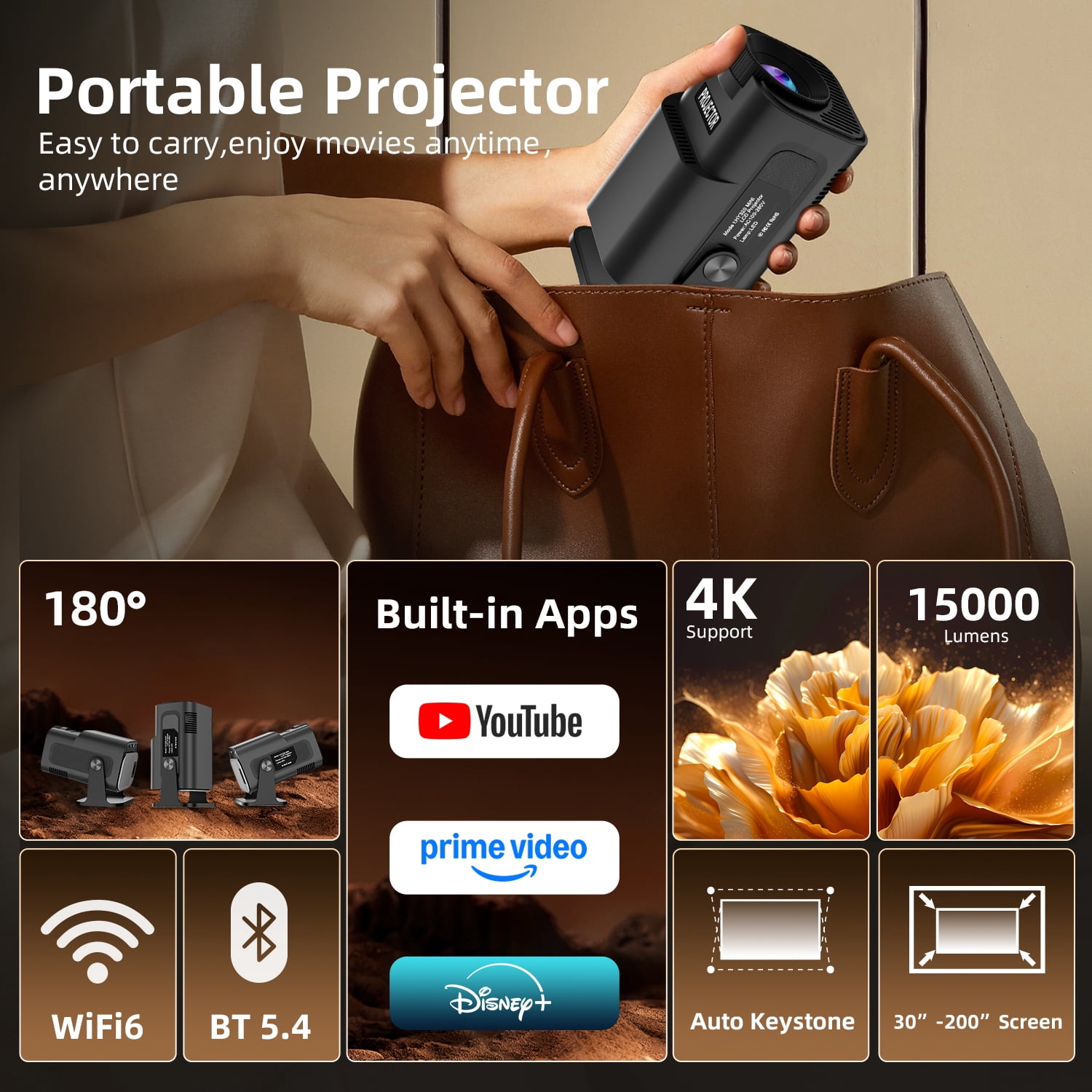 Salange Mini Projector with Wifi 6 and Bluetooth, 1080P Full HD with 4K Supported,Auto Keystone for Home Theater & Camping,Black