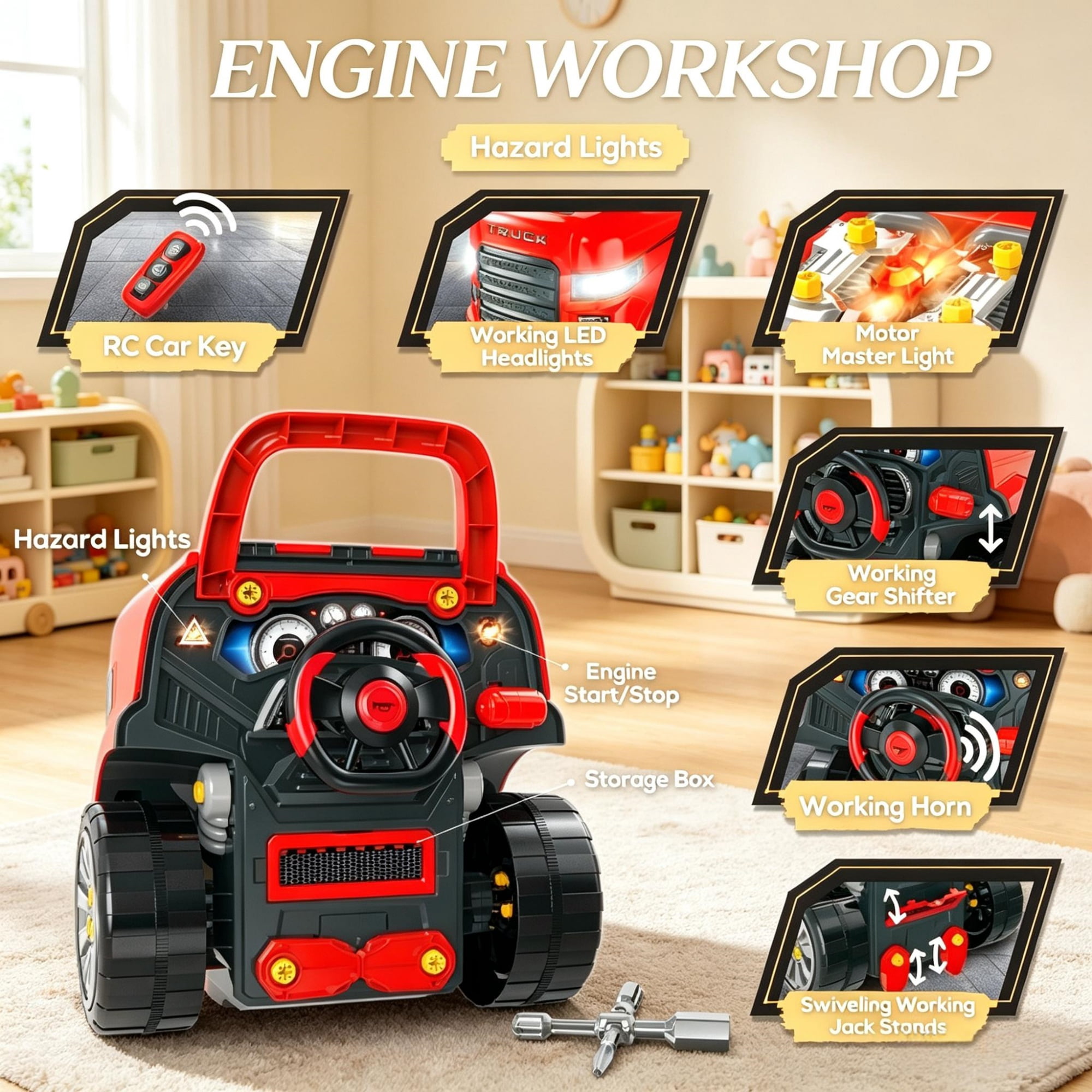 Mechanic Truck Engine Toy Set, Kids Car Service Play Set for Playroom Indoor Game, Red