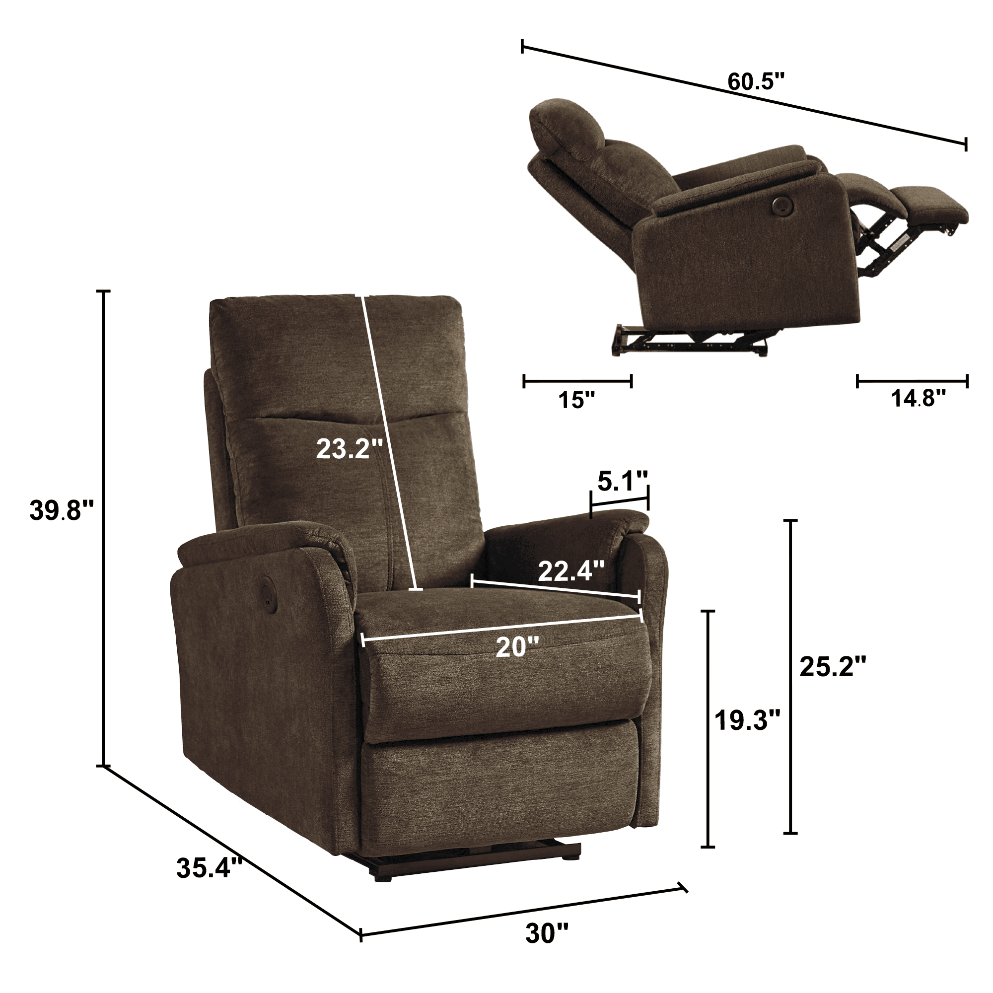 MAYEERTY Recliner Chair With Power function and Deep Body Cushions, Dark Brown Fabric Upholstery